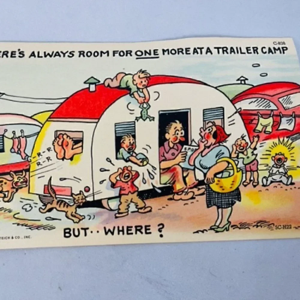 4 Vintage Comedy Postcard   The Informer Trailer Camp Home LINEN UNPOSTED TEICH